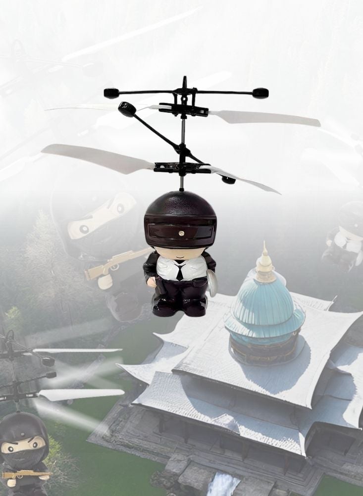 Premium Flying Ninja In Suit PUBG Helmet Helicopter Toy – Armed Ninja Character Figure with Spinning Propeller for Kids Play, Black, 1 Pc - Image 2